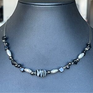 Black Beaded Necklace by Lia Sophia Multi Strand Silver Tone Gun Metal 16-18”